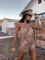 Festival Sequin Fringe Gold Bodysuit Romper Diamond Bachelorette Cowgirl Dress Fringe  Dress Rave Outfit Engagement Photoshoot