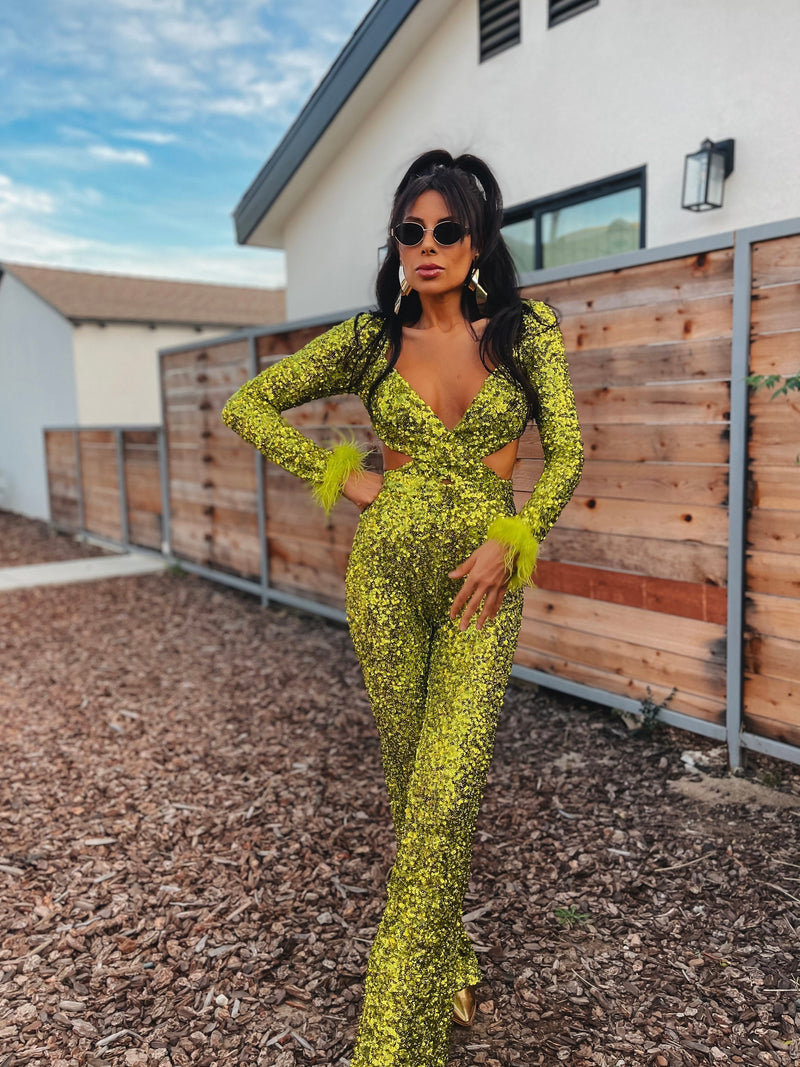 Green Disco Sequin Jumpsuit Festival Cut Out Jumpsuit Disco 70s Inspired Retro Jumpsuit Festival Rave Party Neon Sequin Cowgirl Costume
