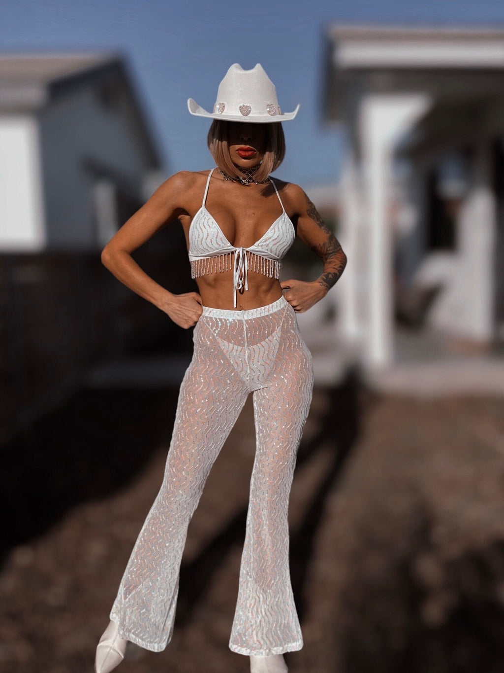 Bachelorette Western Sequin Pants Set Country Festival Cowgirl Outfit Western Bell Bottom Pants Fringe Disco Outfit