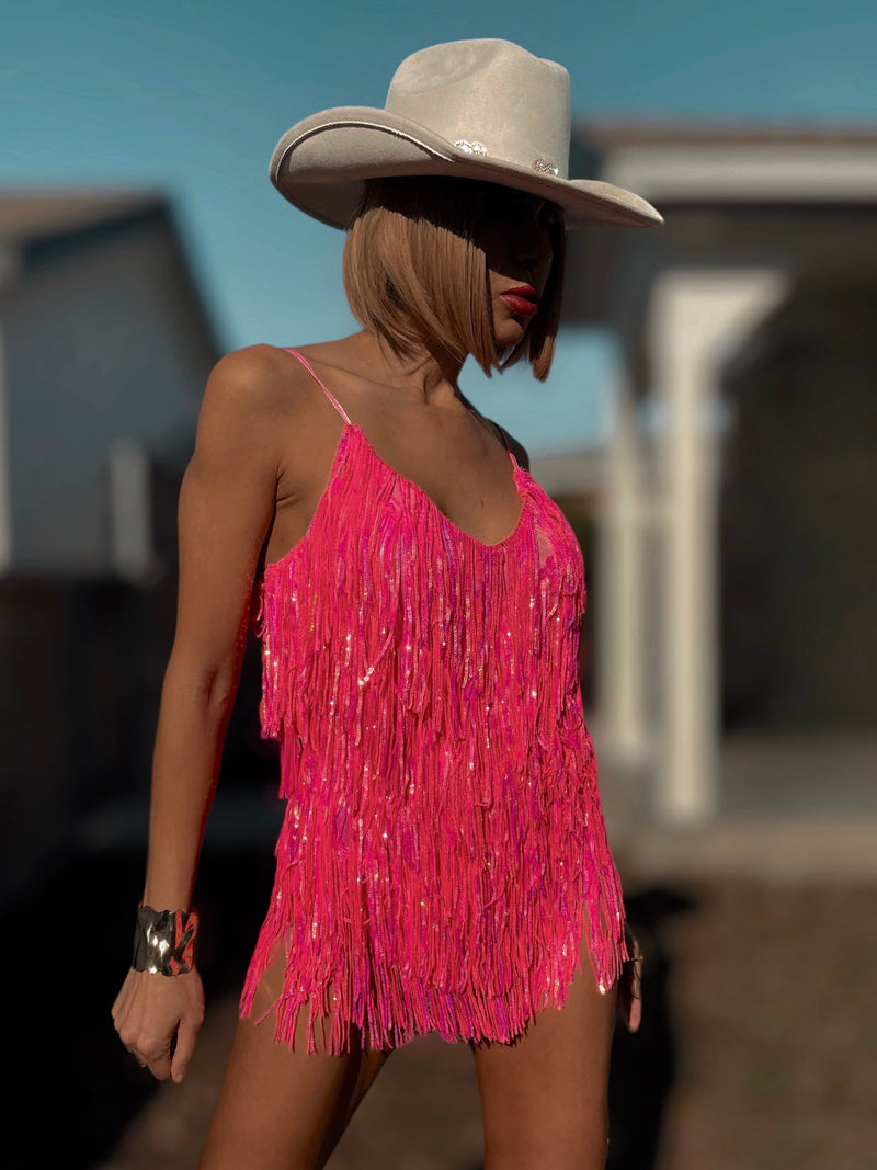 Pink Iridescent Fringe Bodysuit Cowgirl Festival Outfit SpaceCowboy Cheeky Sequin Fringe Pants Outfit Bachelorette Party Outfit