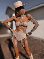 Rose Gold Sequin Western Fringe Cowgirl Bodysuit Bikini Rave Set Outfit  Hippie Bridal Bikini Metallic Bohemian Disco Costume