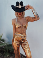 Western Gold Sequin Cowgirl Costume, Festival Sequin Pants Set, Bachelorette SpaceCowboy Outfit, Country Girl Outfit, Golden Festival Outfit