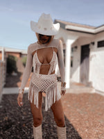 Rose Gold Fringe Goddess Festival Set, Sequin Fringe Cowgirl Outfit, Festival Rave CountryGirl Outfit, Three Piece Bachelorette Party Outfit