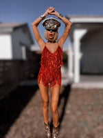 Red Cowgirl Fringe Bodysuit Festival Outfit Space Cowboy Cheeky Sequin Fringe Pants Outfit Bachelorette Party Outfit Era1989 Inspired