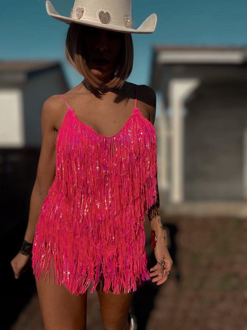 Pink Iridescent Fringe Bodysuit Cowgirl Festival Outfit SpaceCowboy Cheeky Sequin Fringe Pants Outfit Bachelorette Party Outfit