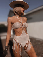 Rose Gold Sequin Western Fringe Cowgirl Bodysuit Bikini Rave Set Outfit  Hippie Bridal Bikini Metallic Bohemian Disco Costume