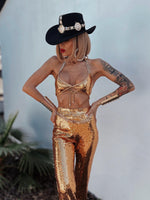 Western Gold Sequin Cowgirl Costume, Festival Sequin Pants Set, Bachelorette SpaceCowboy Outfit, Country Girl Outfit, Golden Festival Outfit