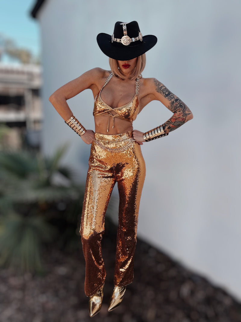 Western Gold Sequin Cowgirl Costume, Festival Sequin Pants Set