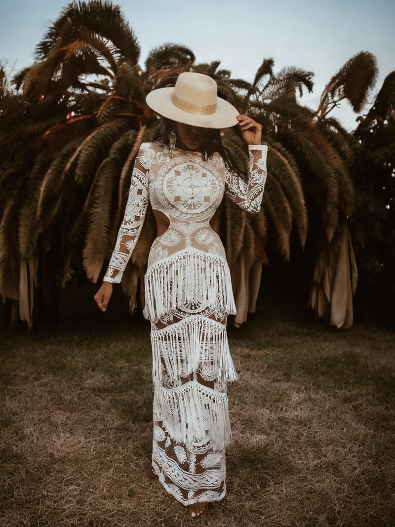Boho Bridal Fringe Wedding Gown Bachelorette Party Dress Western Bride Gypsy Bohemian Festival Outfit Boho Bridal Fringe Wedding Gown Bachelorette Party Dress Western Bride Gypsy Bohemian Festival Outfit