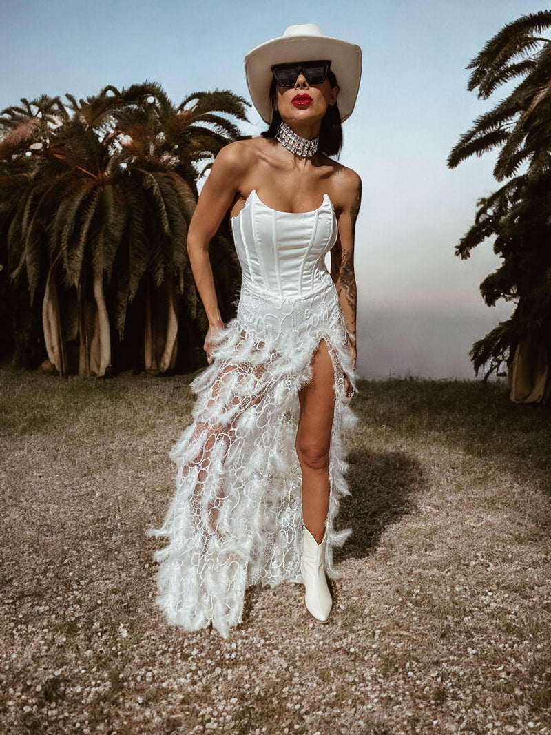 Boho Feather Fringe Wedding Gown, Western Boho Elopement Dress, Bachelorette Party Dress, Western Bride Gypsy Bohemian Festival Outfit Boho Feather Fringe Wedding Gown, Western Boho Elopement Dress, Bachelorette Party Dress, Western Bride Gypsy Bohemian Festival Outfit