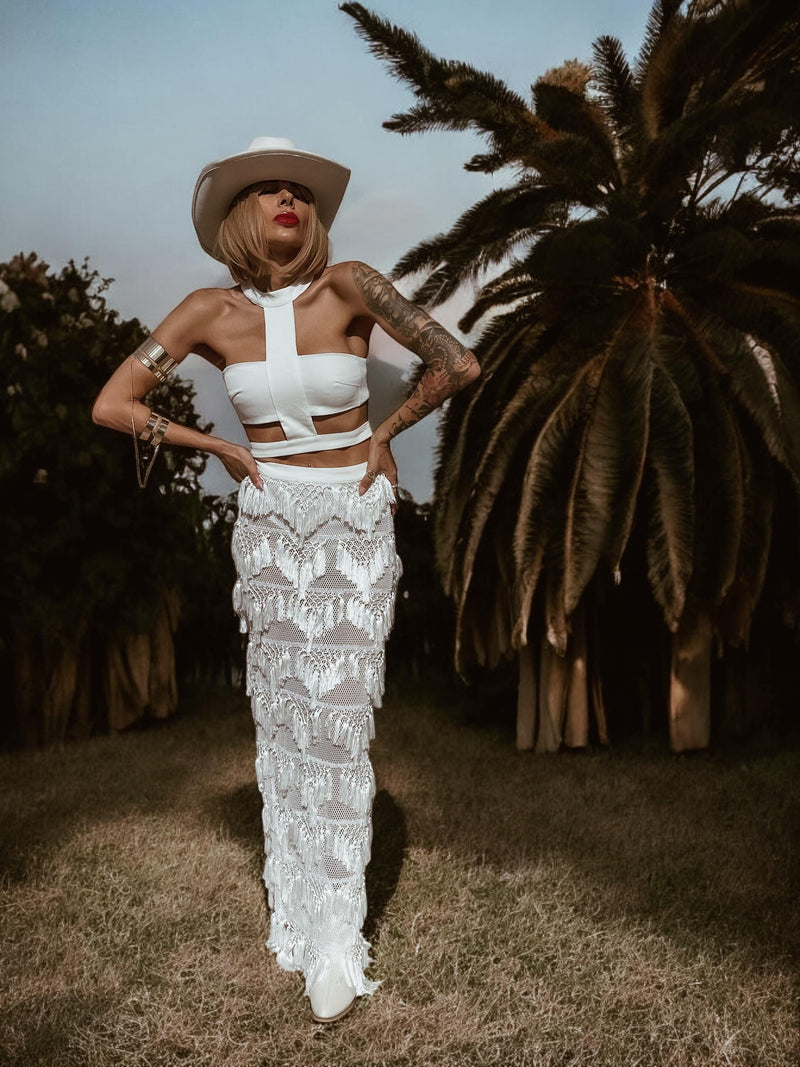 Boho Bridal Fringe Skirt Set, Bohemian Maxi Skirt Set, Western