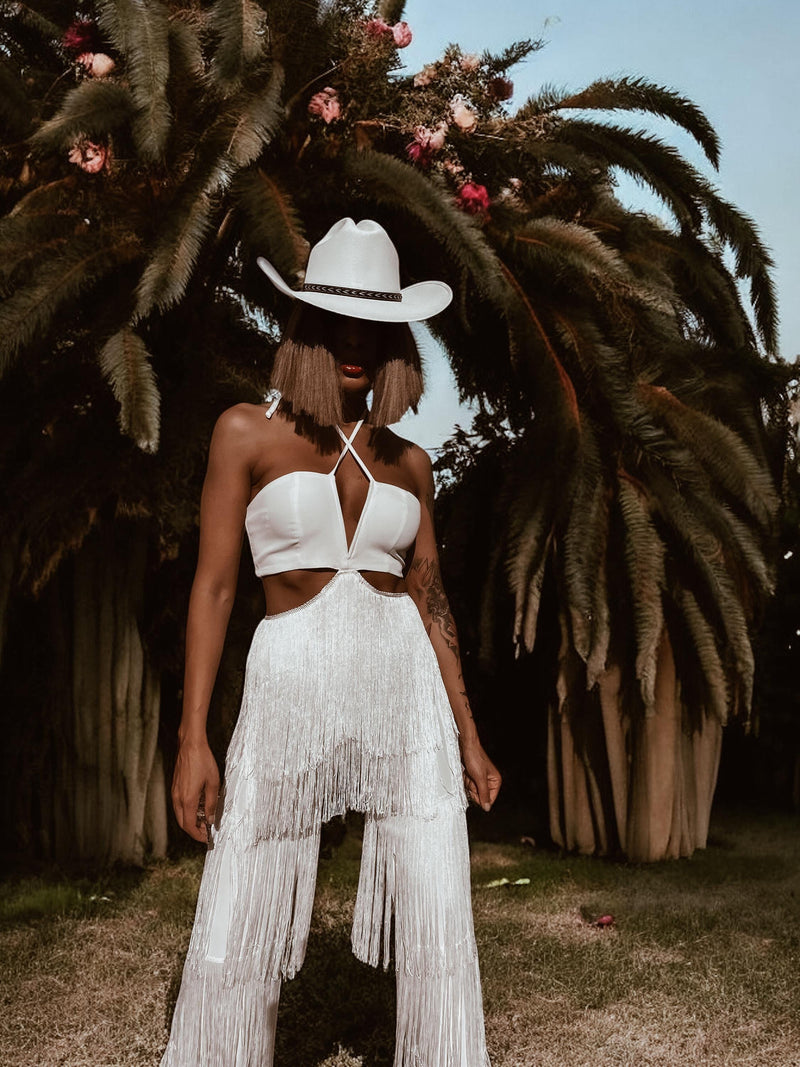 Boho Bridal Cut Out Tassel Fringe Jumpsuit Bachelorette Party