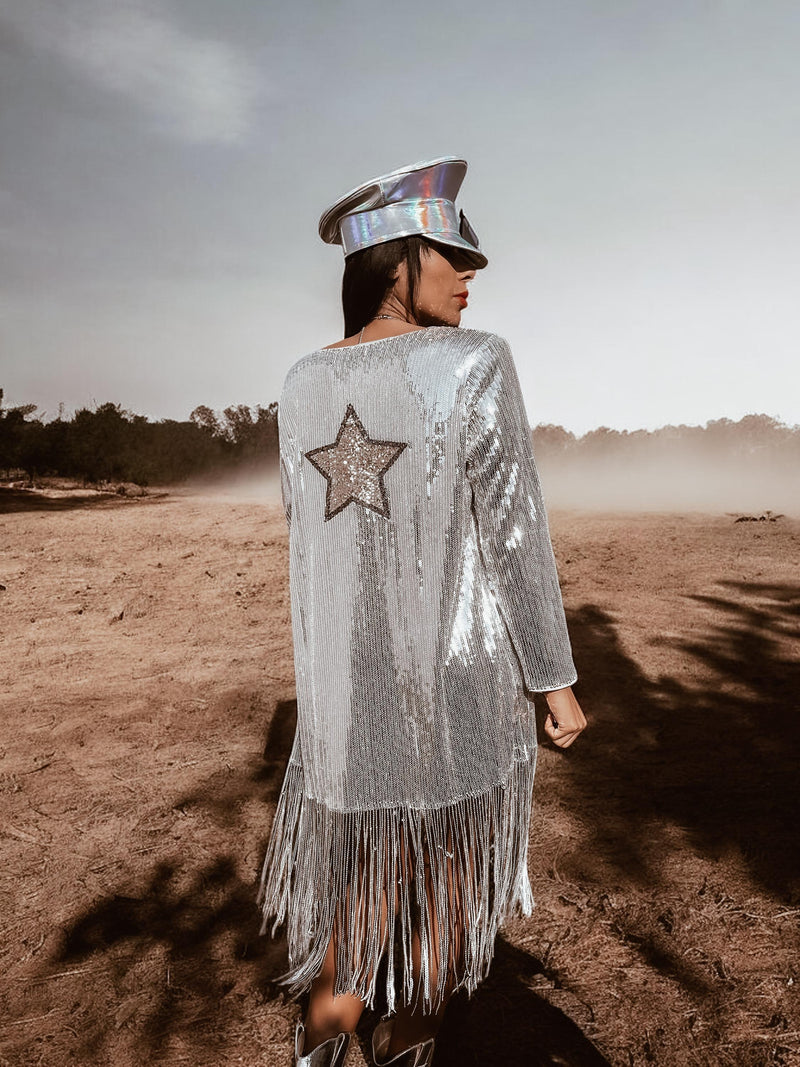 Silver Western Fringe Sequin Star Kimono Rave Festival Kimono Country Western Desert Gypsy Silver Western Fringe Sequin Star Kimono Rave Festival Kimono Country Western Desert Gypsy