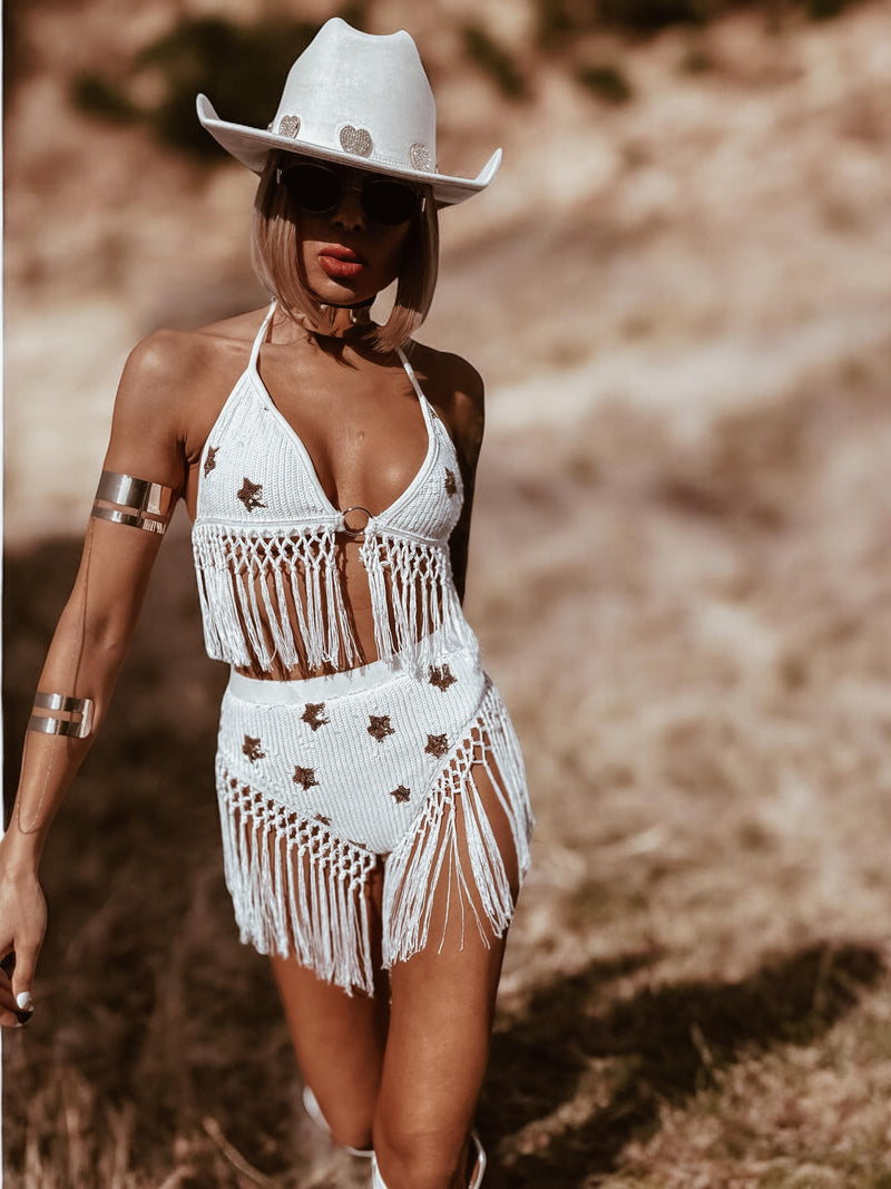 Sequin Two Piece White Fringe Set White Gold Sequin Fringed