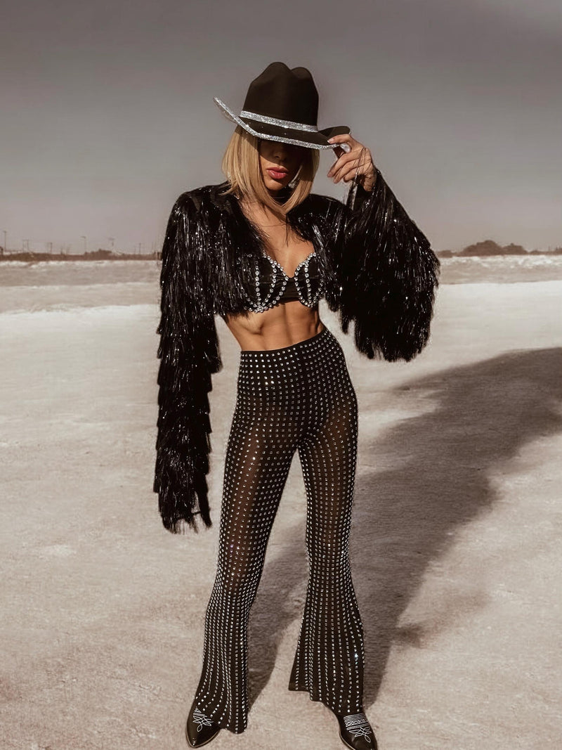 Western Diamond Flare Pants, Rhinestone Cowgirl Pants Crystal Bell