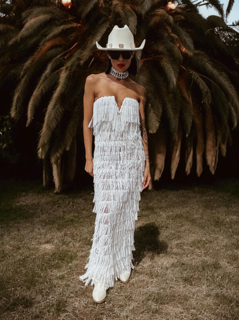 Boho Western Fringe Wedding Gown Bachelorette Party Dress Western Bride Gypsy Bohemian Festival Outfit Sequin Fringe Maxi Dress