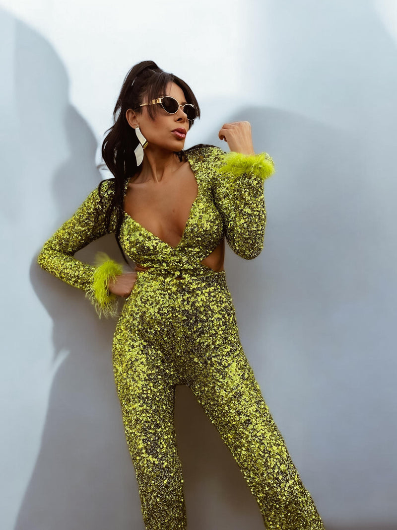 Green Disco Sequin Jumpsuit Festival Cut Out Jumpsuit Disco 70s