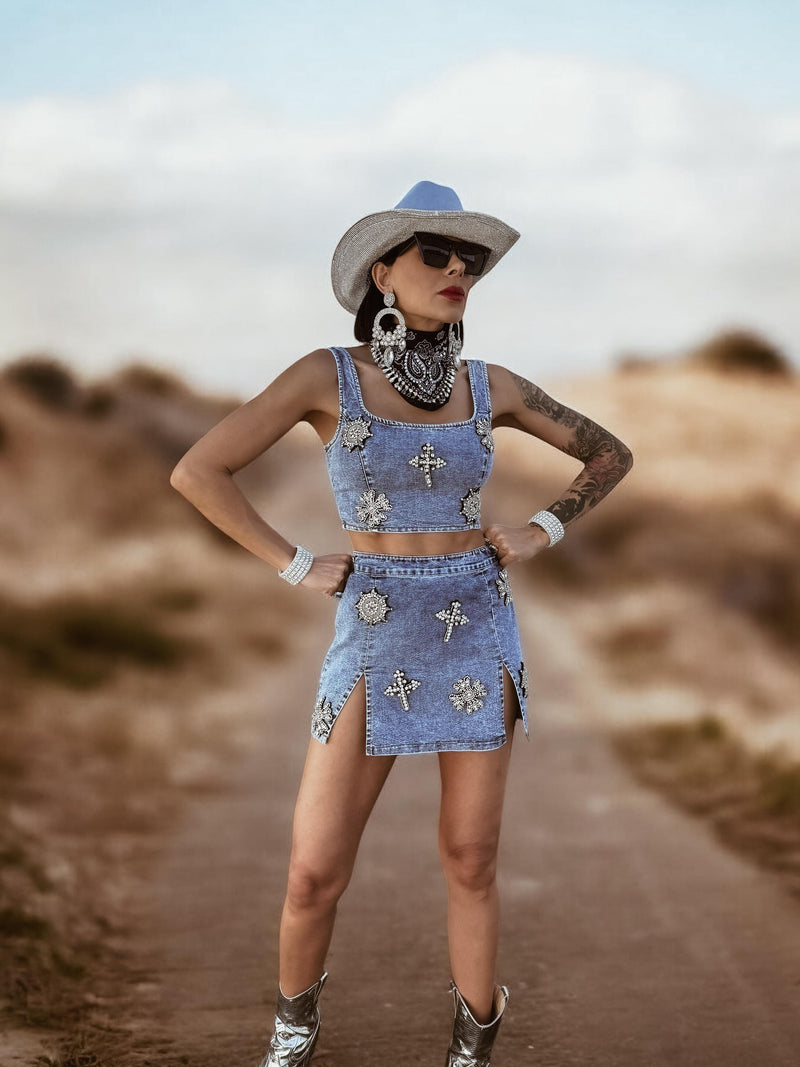 Western Glam Denim Rhinestone Cowgirl Festival Skirt and Bustier Set, Gypsy Tale Western Glam Denim Rhinestone Cowgirl Festival Skirt and Bustier Set, Gypsy Tale