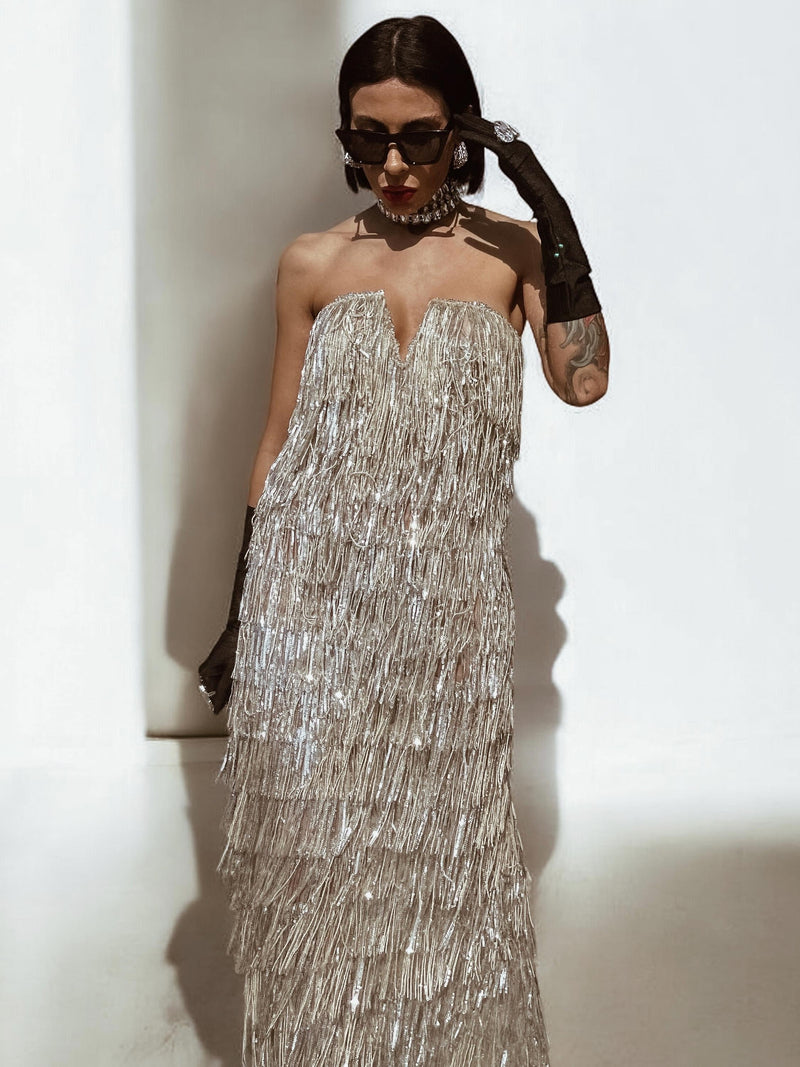 Silver Sequin Fringe Disco Dress, Studio 54 Outfit, Bachelorette Party Gypsy Tale Silver Sequin Fringe Disco Dress, Studio 54 Outfit, Bachelorette Party Gypsy Tale