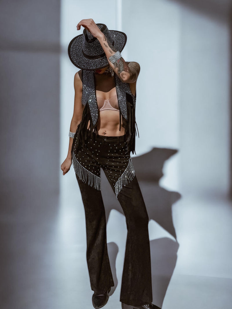 Diamond Fringe Chaps Western Bell Bottom Pants, Suede Like Chaps Pants Gypsy Tale Diamond Fringe Chaps Western Bell Bottom Pants, Suede Like Chaps Pants Gypsy Tale