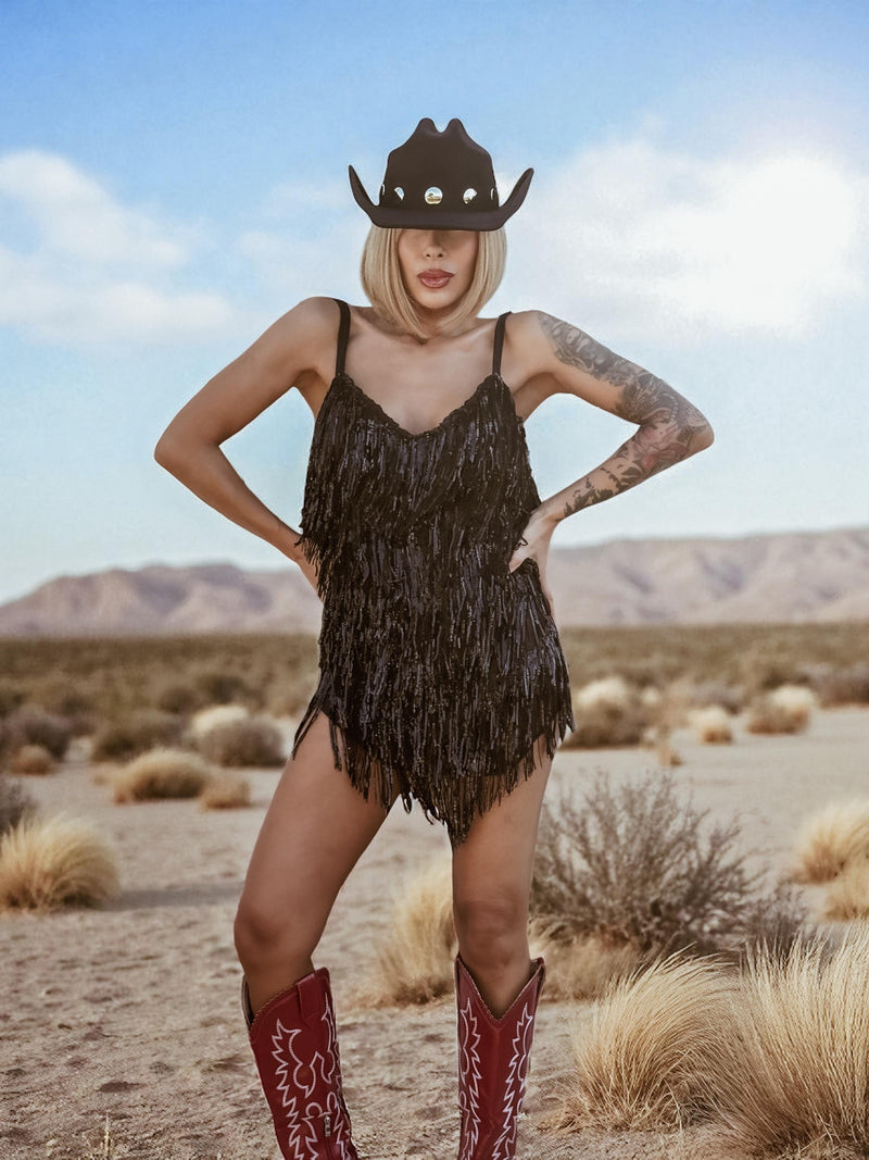 sequin western dress Disco Cowboy Fringe Black Mini Dress, Disco Queen Dress, Fringe Gypsy Tale inspired movement Midi length for versatile styling Zipper closure on the back for a secure fit Perfect for NFR Long Rhinestone Dress