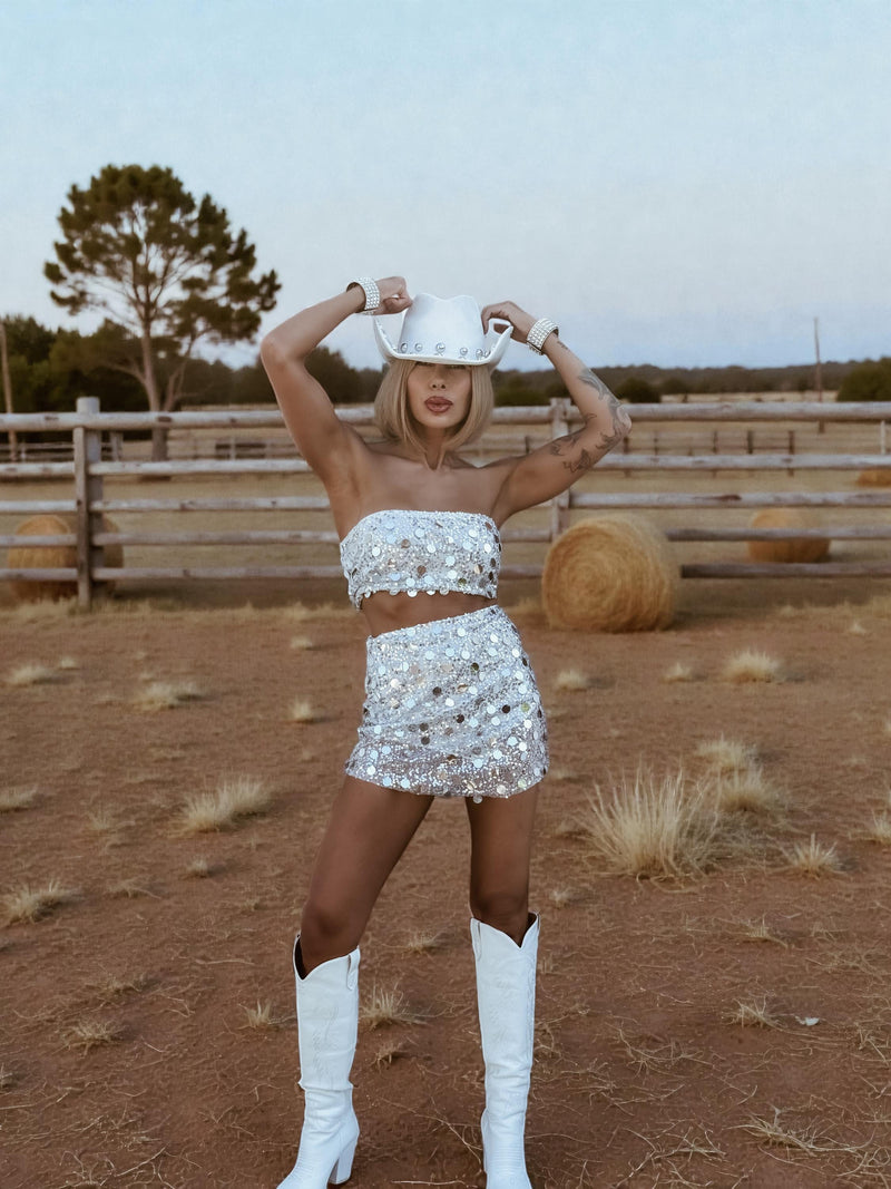 party dress with cowboy boots Silver Sequin Fringe Festival Outfit Set, White Silver Western Glam Co – Gypsy Tale