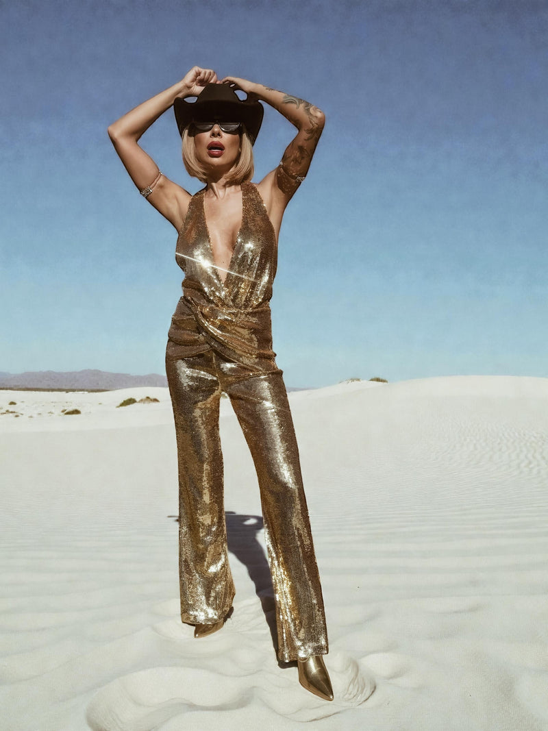 gold jumpsuit fancy dress Sequin Disco Jumpsuit: Gold Bell Bottom Festival Jumpsuit, Gold Cowgirl Costume, Disco Queen Costume, Western Glam Outfit semi-custom gowns