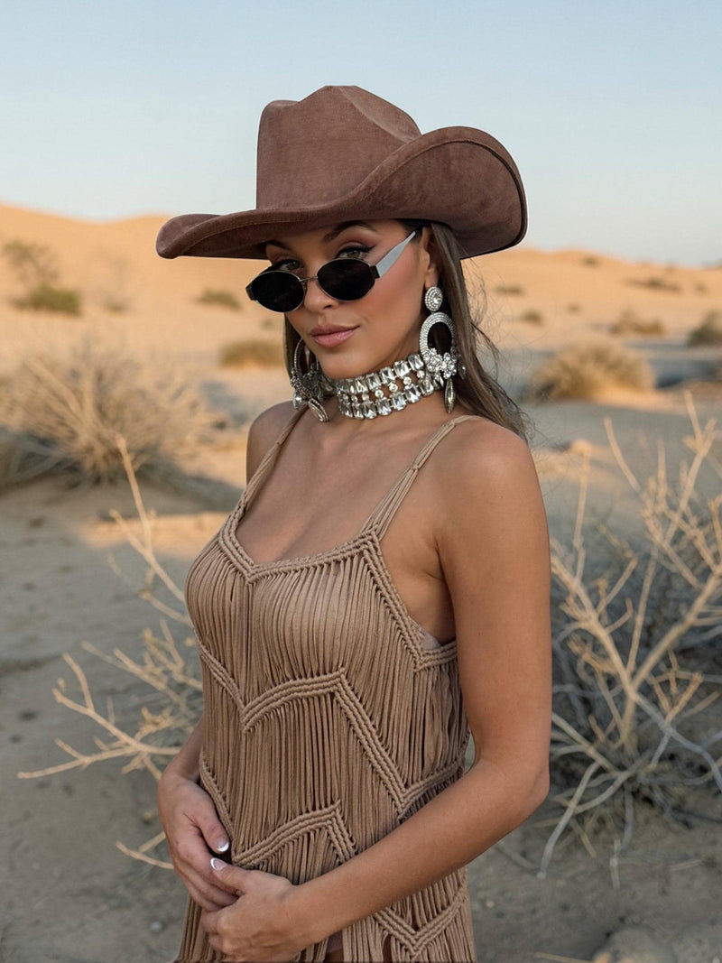cowgirl brown dress Brown Macrame Like Fringe Festival Dress, Cowgirl Fringe Dress, Western Festival Fringe Top, Macrame Goddess Dress, Cowgirl Festival Dress