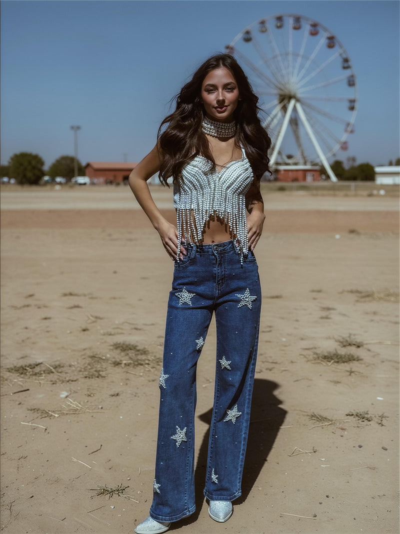 Pearl Embellished Western Denim Pants, Rhinestone Star Flare Jenas