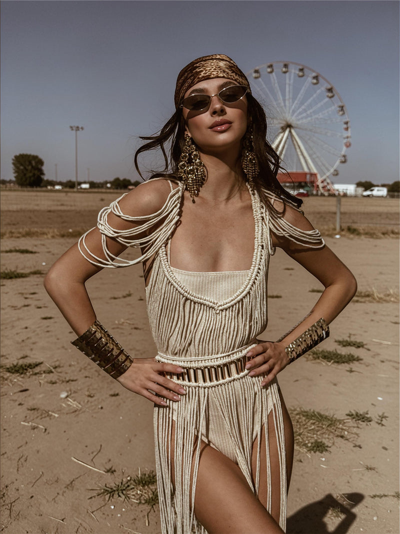 Macrame Gold Beaded Goddess Top, Fringe Macrame Dress, Burning Man  Cleopatra Dress, Desert Queen Outfit, Rave Festival Outfit