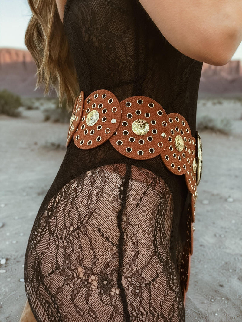 Boho Brown and Gold Faux Leather Belt, Vintage Inspired  display picture 1