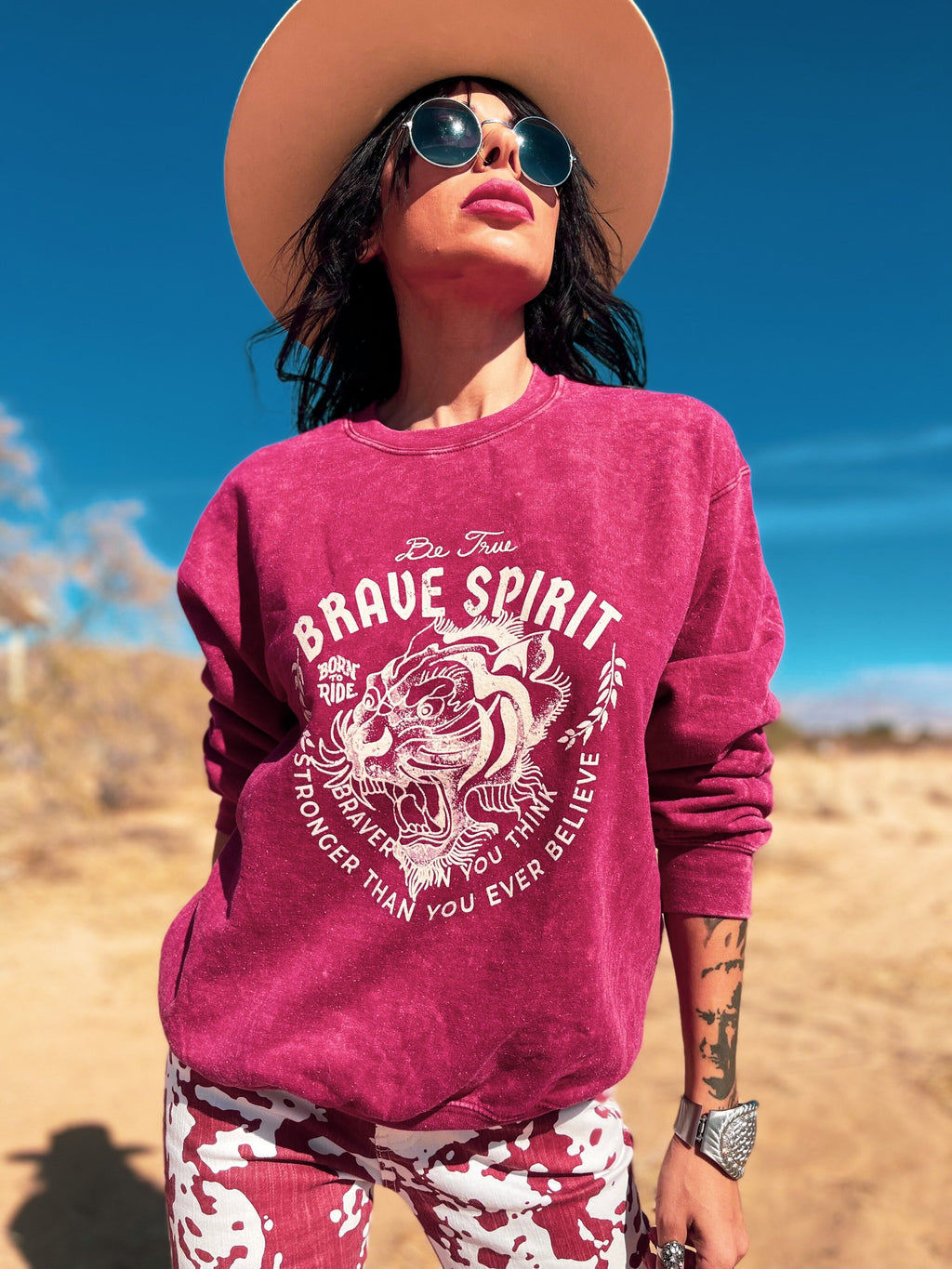 Boho Hippie Brave Spirit Burgundy Vintage Wash Sweatshirt