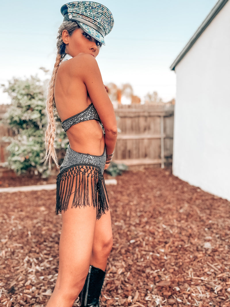 Festival Sequin Fringe Cut Out Bodysuit Bikini