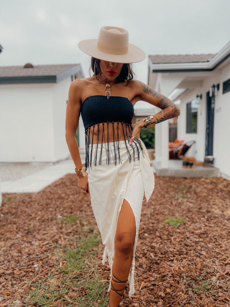 Bohemian Cotton Wrap Midi High Slit Skirt