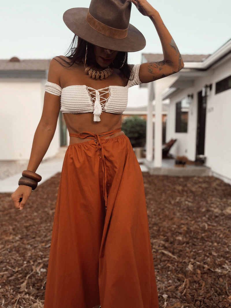 Midi Skirt Boho Style Hippie Skirt Cotton Linen Blend Waist Tie