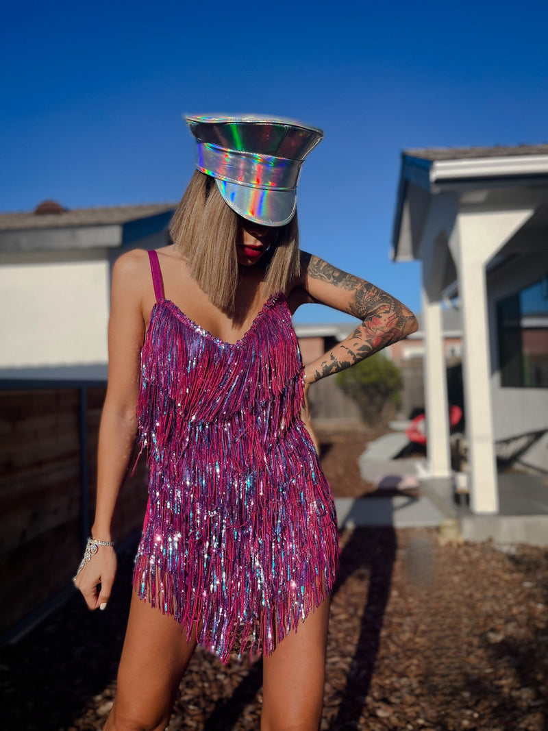 Sequin Fringe Purple Rainbow Mini Dress