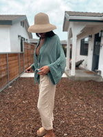 100% Cotton Raw Edge Front Tie Green Kimono