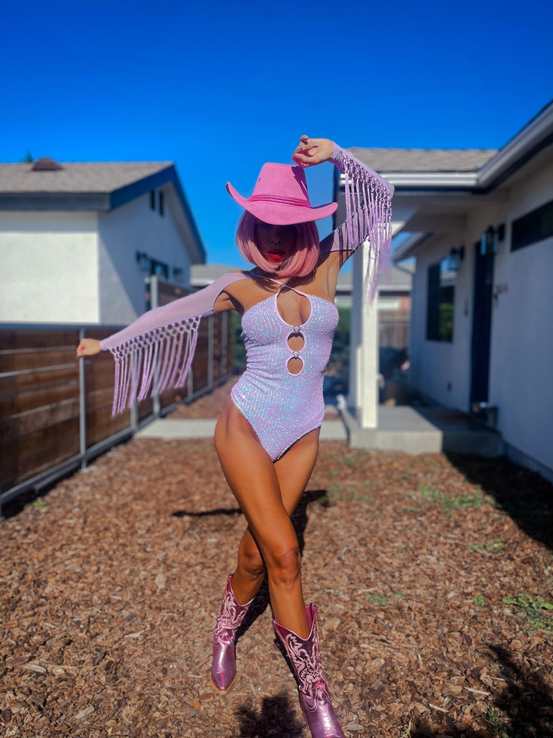 Spirit Halloween Adult Space Cowgirl Costume | Space Cowgirl Outfit |  Holographic Fringe Romper with Pink Chaps