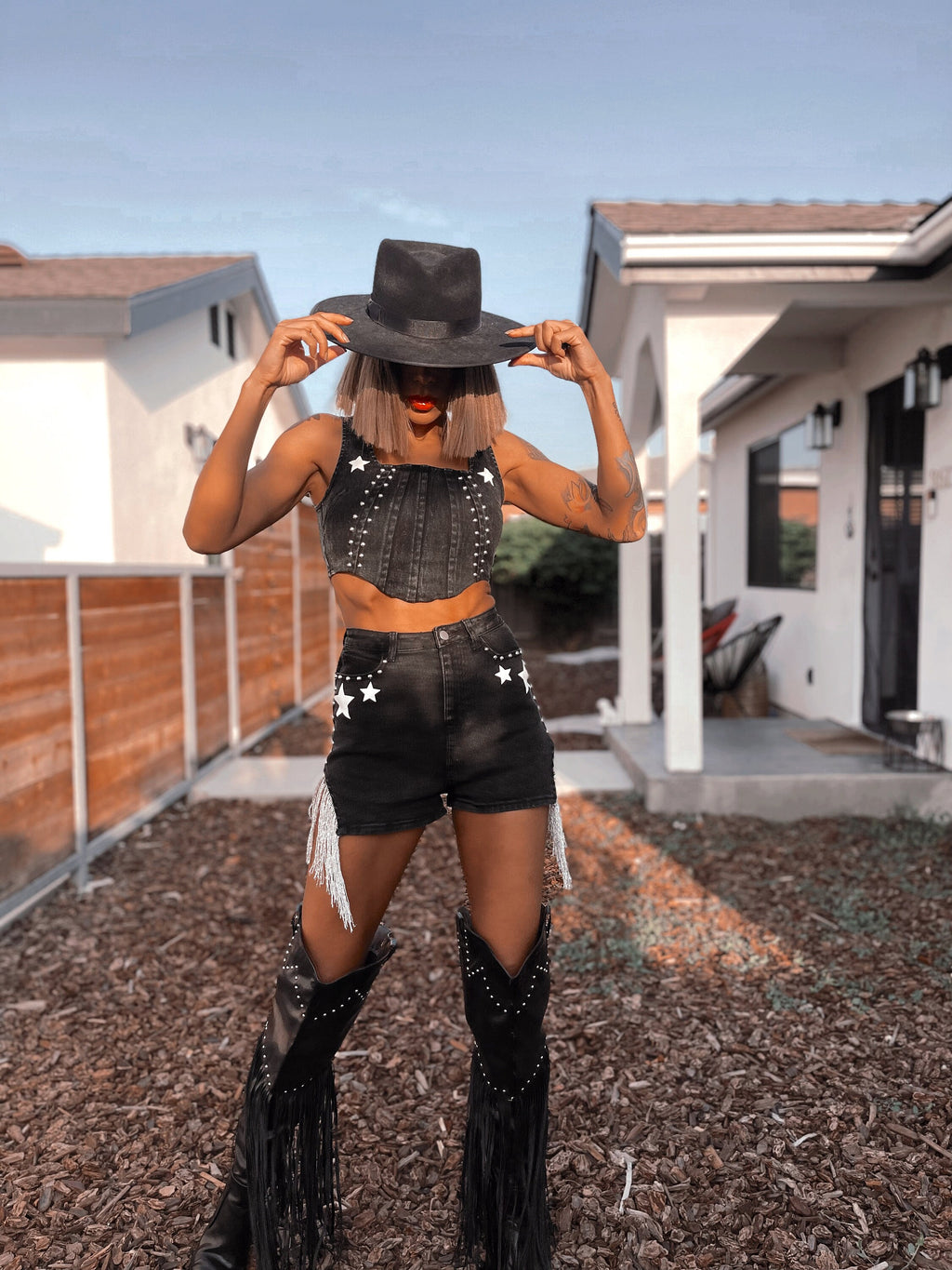Western Denim Black Cowgirl Star Fringe Rave Set