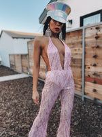Pink Sequin Fringe Backless Jumpsuit Pink Flare Pants Tassel Jumpsuit Disco Metallic Jumpsuit Western Cowgirl Outfit Space Cowboy Costume
