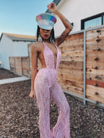 Pink Sequin Fringe Backless Jumpsuit Pink Flare Pants Tassel Jumpsuit Disco Metallic Jumpsuit Western Cowgirl Outfit Space Cowboy Costume