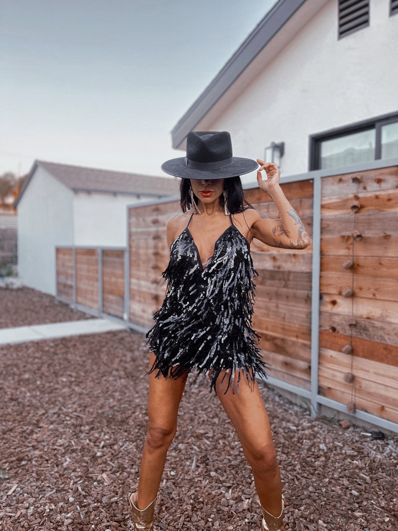 Black Sequin Fringe Backless Romper Western Cowgirl Jumpsuit Festival –  Gypsy Tale