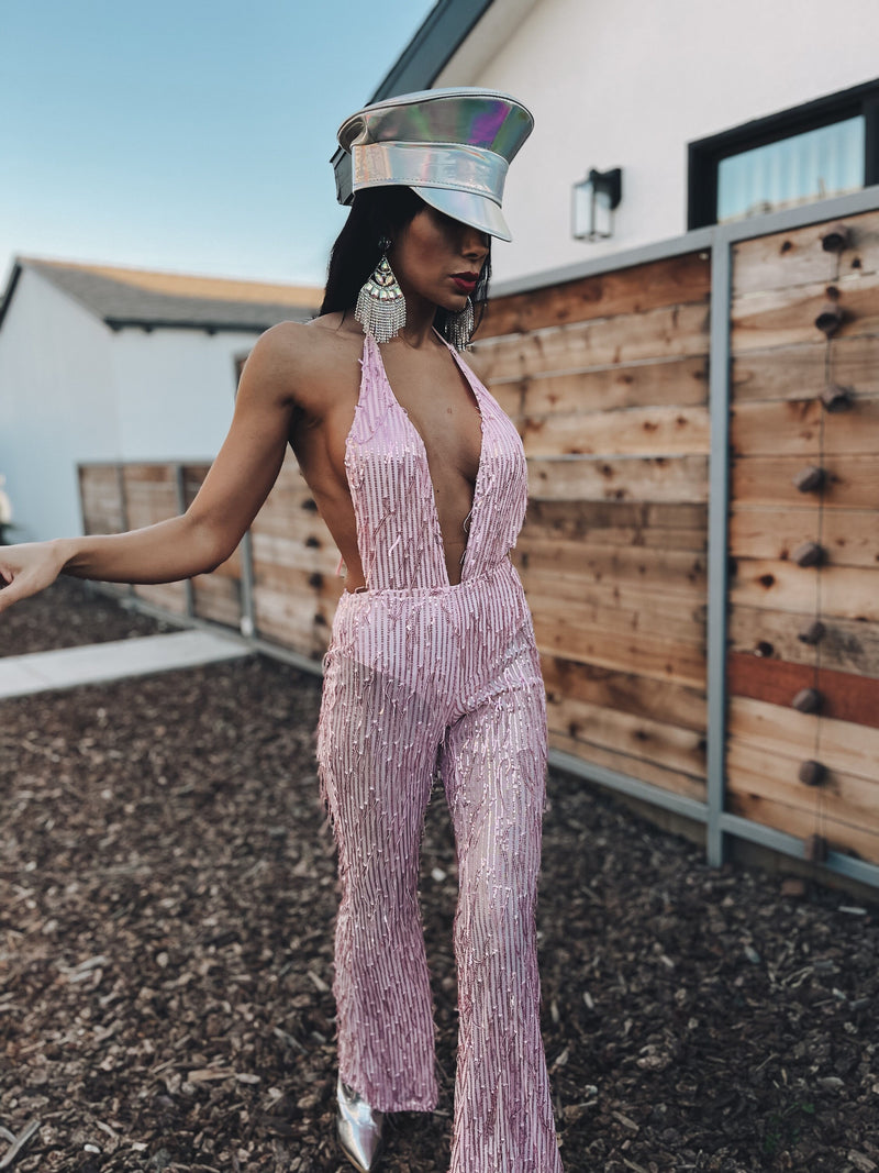 Pink Sequin Fringe Backless Jumpsuit Pink Flare Pants Tassel Jumpsuit Disco Metallic Jumpsuit Western Cowgirl Outfit Space Cowboy Costume