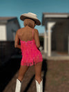 Pink Iridescent Fringe Bodysuit Cowgirl Festival Outfit SpaceCowboy Cheeky Sequin Fringe Pants Outfit Bachelorette Party Outfit