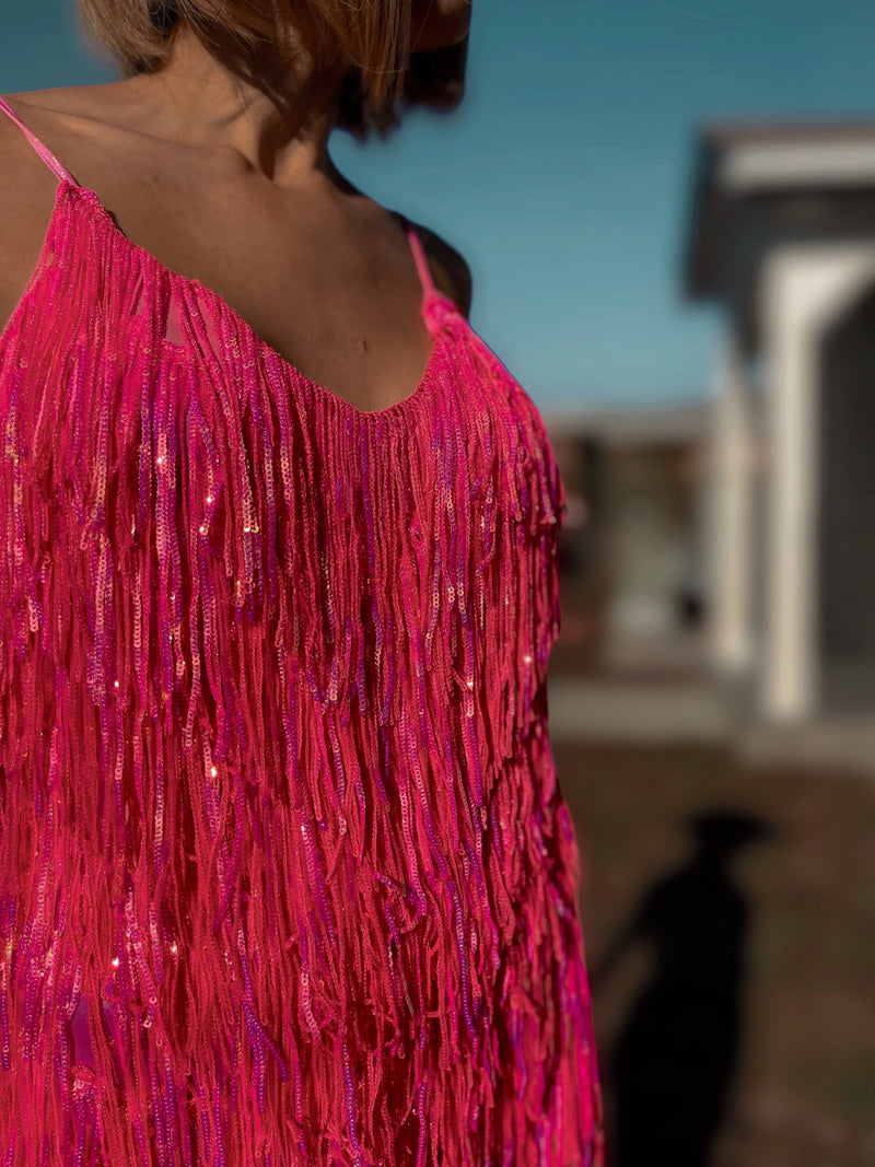 Pink Iridescent Fringe Bodysuit Cowgirl Festival Outfit SpaceCowboy Cheeky Sequin Fringe Pants Outfit Bachelorette Party Outfit