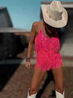 Pink Iridescent Fringe Bodysuit Cowgirl Festival Outfit SpaceCowboy Cheeky Sequin Fringe Pants Outfit Bachelorette Party Outfit