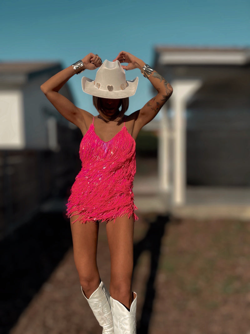 Pink Iridescent Fringe Bodysuit Cowgirl Festival Outfit SpaceCowboy Cheeky Sequin Fringe Pants Outfit Bachelorette Party Outfit