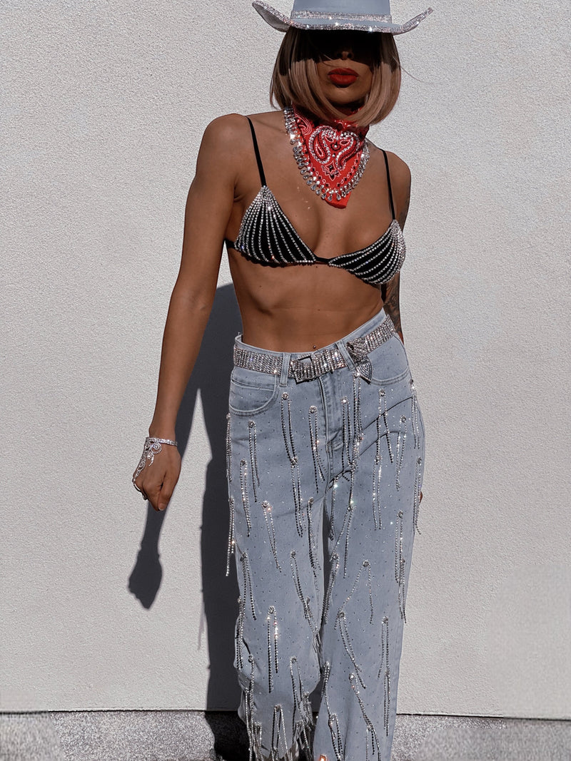 Festival Diamond Fringe Pants, Rhinestone Fringe Western Jeans, Country Western Cowgirl Denim, Bridal Diamond Pants, Denim Bride