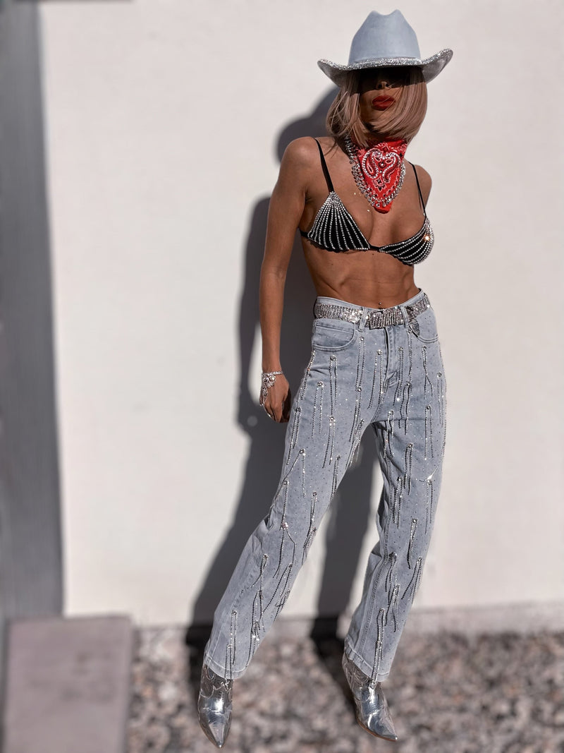 Festival Diamond Fringe Pants, Rhinestone Fringe Western Jeans, Country Western Cowgirl Denim, Bridal Diamond Pants, Denim Bride