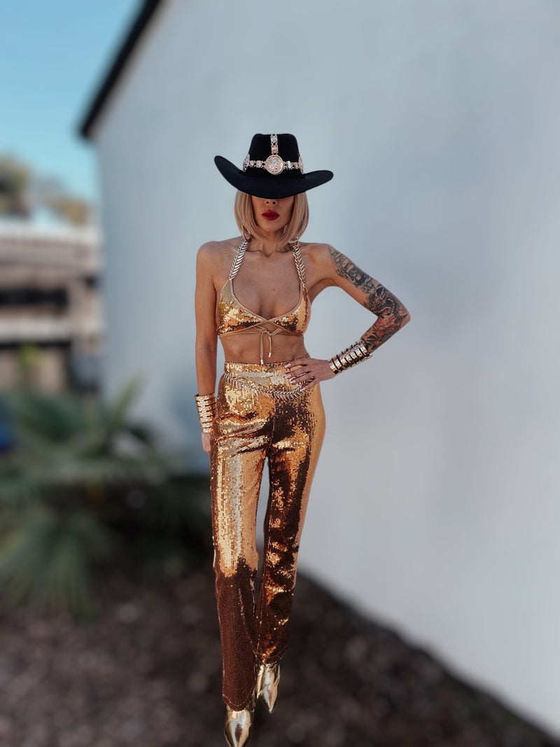 Western Gold Sequin Cowgirl Costume, Festival Sequin Pants Set, Bachel Gypsy Tale Western Gold Sequin Cowgirl Costume, Festival Sequin Pants Set, Bachel Gypsy Tale